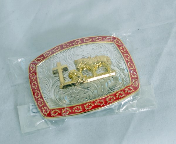Praying Cowboy Red, Gold and Silver Western Belt Buckle