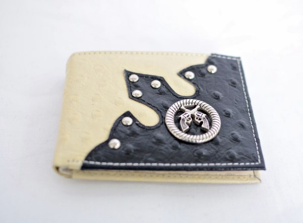 Bone & Black Ostrich Print Bifold Wallet with Crossed Guns Accent