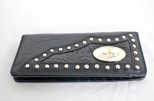 Black Faux Leather Checkbook Wallet with Longhorn Accent