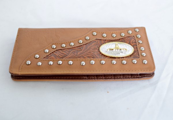 Tan Faux Leather Checkbook Wallet with Longhorn Accent