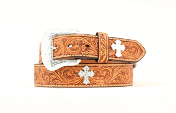 Nocona Western 1 1/2” Tan Tooled Leather & Cross Belt