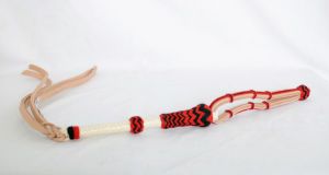 Tan Leather Quirt with Woven White/Red/Black Handle