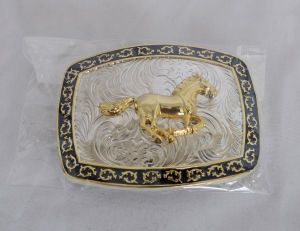 Running Horse Black, Silver, and Gold Western Belt Buckle