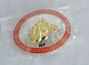 Horse Head Red, Gold and Silver Western Belt Buckle