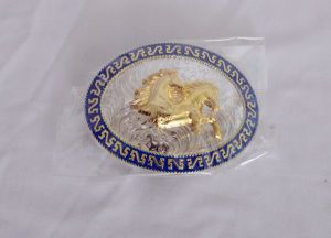 Running Horses Blue, Gold and Silver Western Belt Buckle