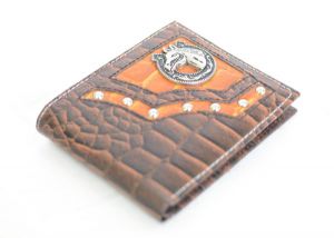 Brown & Cognac Crocodile Print Bifold Wallet with Horse Accent