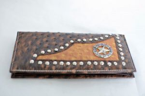 Brown & Cognac Ostrich Print Checkbook Wallet with Star Accent