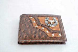 Brown & Cognac Ostrich Print Bifold Wallet with Longhorn Accent