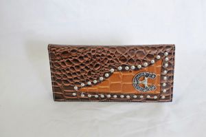 Brown & Cognac Crocodile Print Checkbook Wallet with Longhorn Accent
