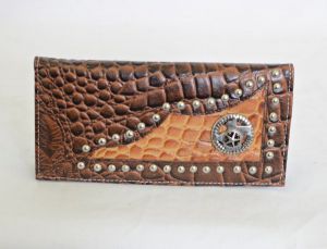 Brown & Cognac Crocodile Print Checkbook Wallet with Texas Star Accent
