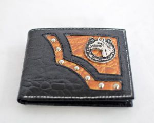 Black & Cognac Crocodile Print Bifold Wallet with Horse Accent