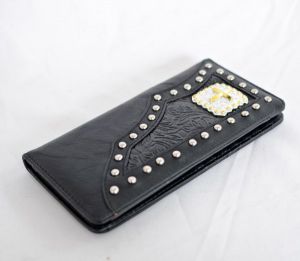 Black Faux Leather Checkbook Wallet with Cross Accent