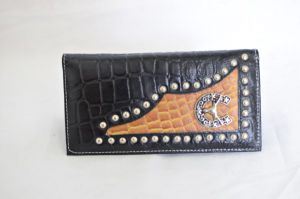 Black & Cognac Crocodile Print Checkbook Wallet with Longhorn Accent