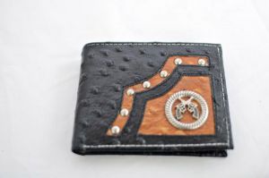 Black & Cognac Ostrich Print Bifold Wallet with Crossed Guns Accent