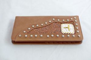 Tan Faux Leather Checkbook Wallet with Cross Accent