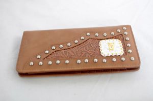 Tan Faux Leather Checkbook Wallet with Praying Cowboy Accent