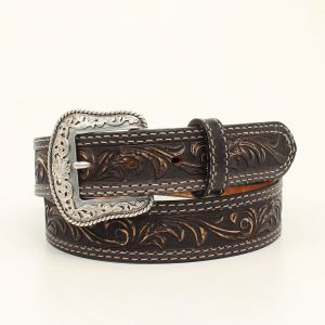 Nocona “Pecos” Black Western Belt with Hand Dyed Floral Embossing