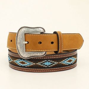 Nocona Western Tan & Brown Leather and Beaded Belt