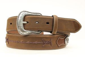 Nocona Top Hand Western Brown Leather Belt with Barbed Wire Accent